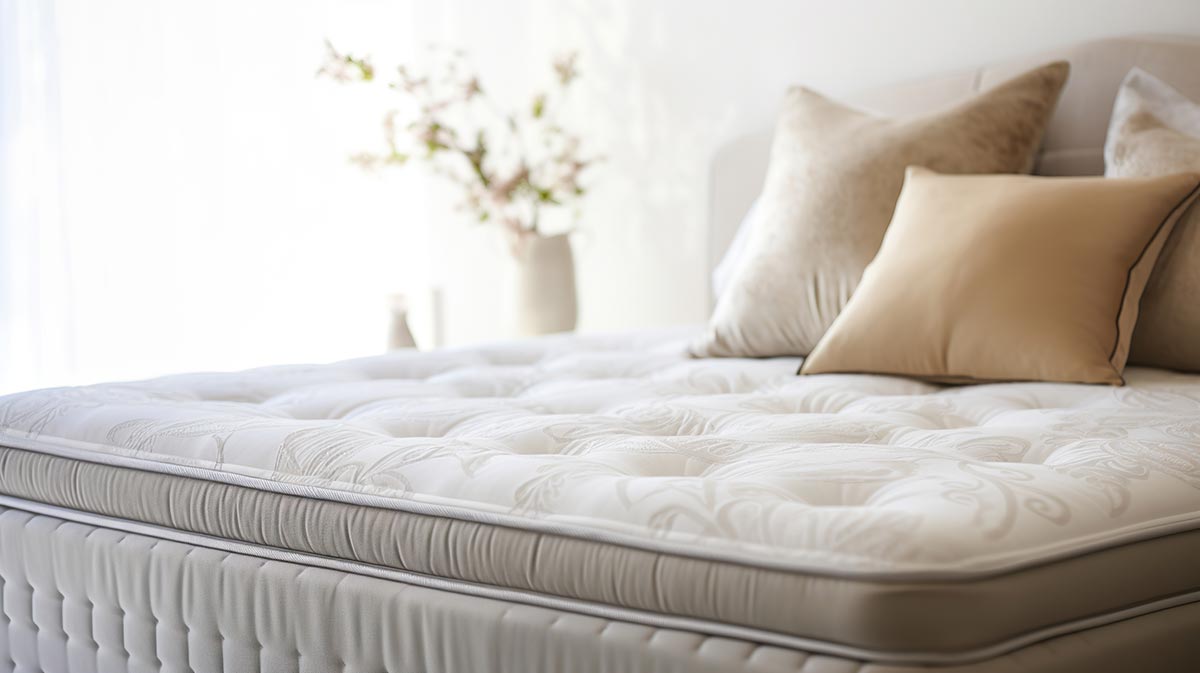 Large Partially Decorated Bed in Neutral Coloured Room, Close to Camera