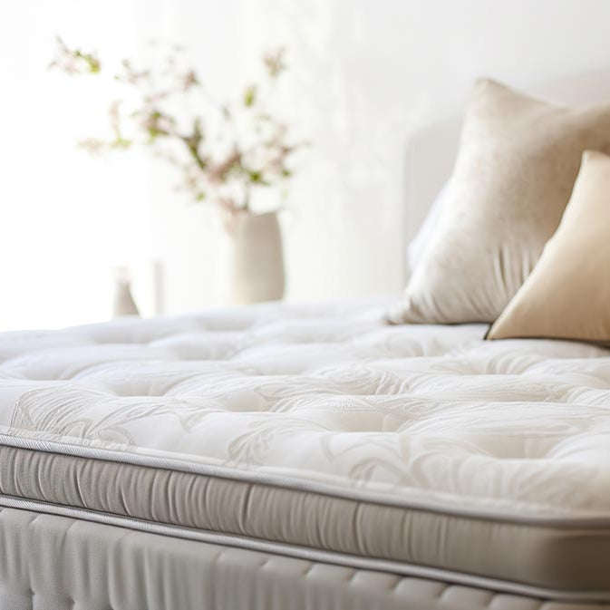 Large Partially Decorated Bed in Neutral Coloured Room, Close to Camera