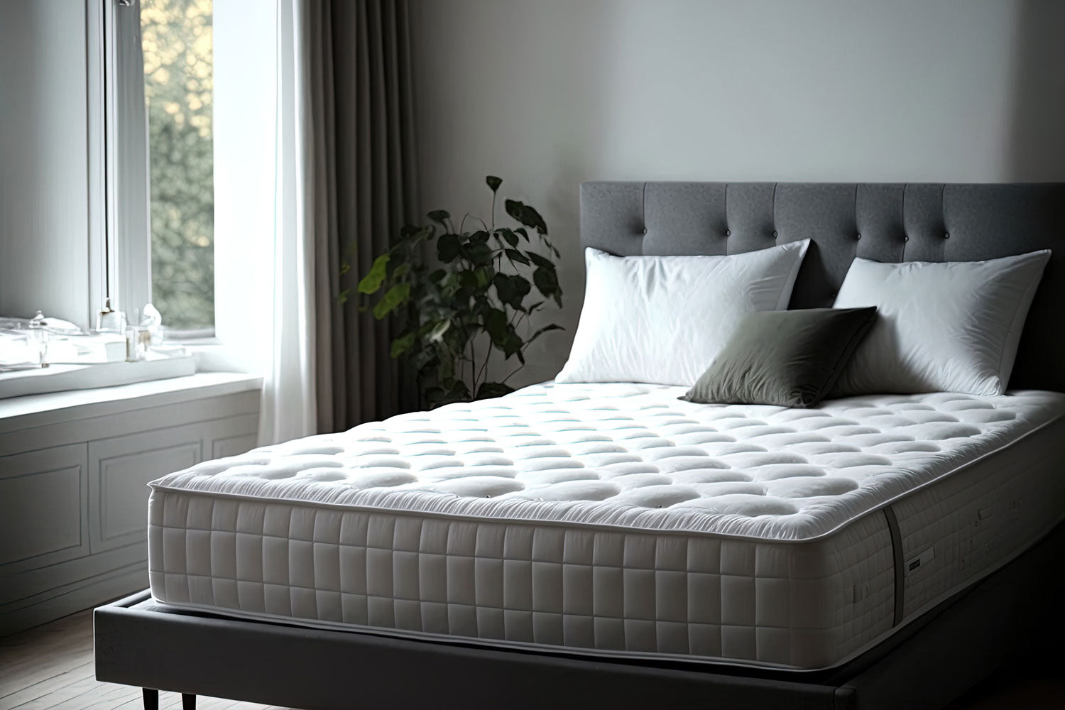 Partially Bare Mattress with Pillows in Large Bedroom. Light Shining from Large Window onto bed