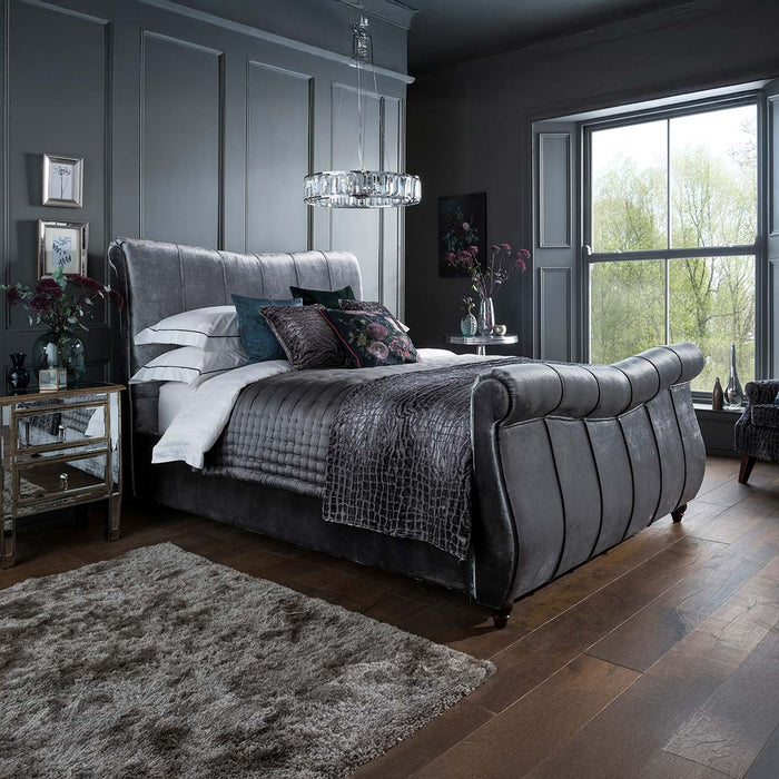 Leona Grey Velvet Sleigh Bed